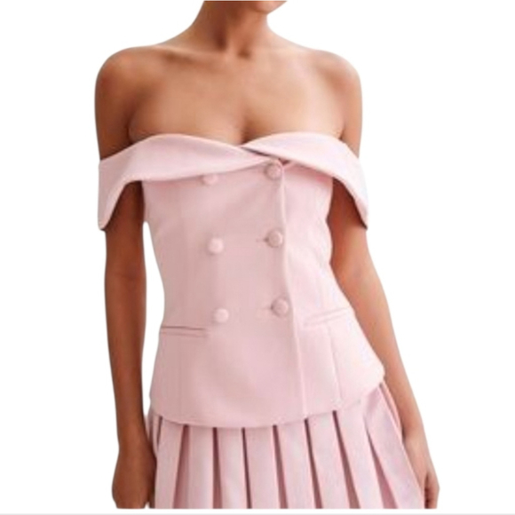 Meshki Krista Strapless Suiting Top Pink Off Shoulder Double Breasted Peplum - Picture 2 of 10